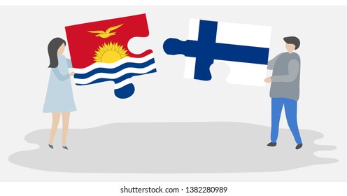 Couple holding two puzzles pieces with I-Kiribati and Finnish flags. Kiribati and Finland national symbols together.