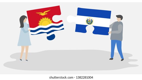 Couple holding two puzzles pieces with I-Kiribati and Salvadoran flags. Kiribati and El Salvador national symbols together.