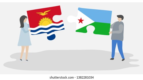 Couple holding two puzzles pieces with I-Kiribati and Djiboutian flags. Kiribati and Djibouti national symbols together.