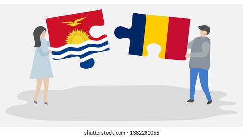 Couple holding two puzzles pieces with I-Kiribati and Chadian flags. Kiribati and Chad national symbols together.