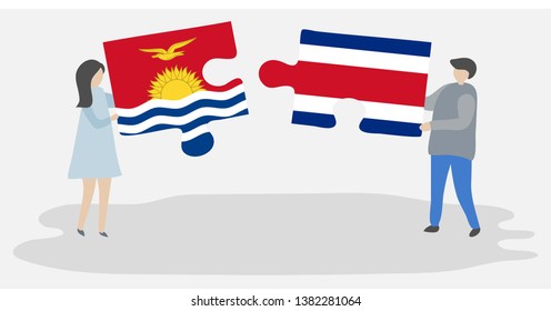 Couple holding two puzzles pieces with I-Kiribati and Costa Rican flags. Kiribati and Costa Rica national symbols together.
