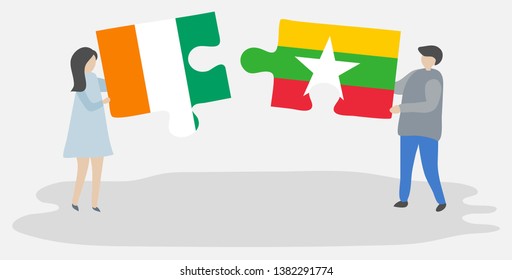 Couple holding two puzzles pieces with Ivorian and Burmese flags. Ivory Coast and Myanmar national symbols together.