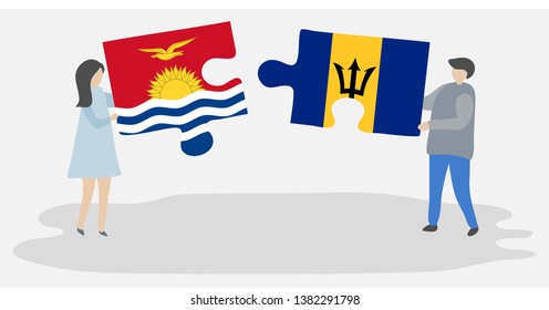 Couple holding two puzzles pieces with I-Kiribati and Barbadian flags. Kiribati and Barbados national symbols together.