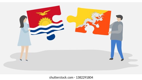 Couple holding two puzzles pieces with I-Kiribati and Bhutanese flags. Kiribati and Bhutan national symbols together.