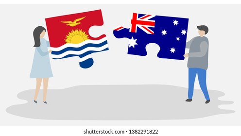 Couple holding two puzzles pieces with I-Kiribati and Australian flags. Kiribati and Australia national symbols together.