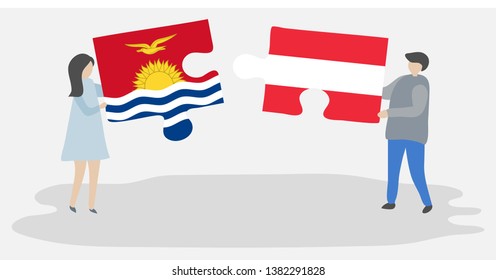 Couple holding two puzzles pieces with I-Kiribati and Austrian flags. Kiribati and Austria national symbols together.