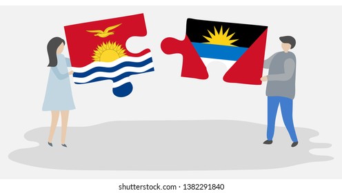 Couple holding two puzzles pieces with I-Kiribati and Antiguan flags. Kiribati and Antigua and Barbuda national symbols together.