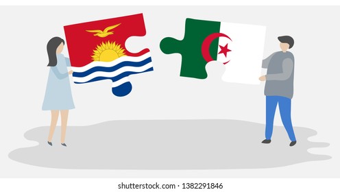 Couple holding two puzzles pieces with I-Kiribati and Algerian flags. Kiribati and Algeria national symbols together.