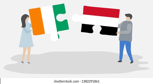 Couple holding two puzzles pieces with Ivorian and Yemeni flags. Ivory Coast and Yemen national symbols together.