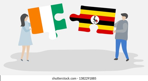 Couple holding two puzzles pieces with Ivorian and Ugandan flags. Ivory Coast and Uganda national symbols together.