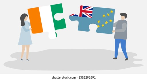 Couple holding two puzzles pieces with Ivorian and Tuvaluan flags. Ivory Coast and Tuvalu national symbols together.