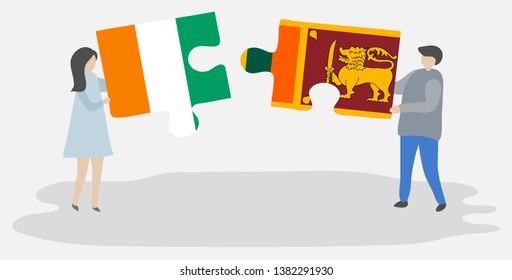 Couple holding two puzzles pieces with Ivorian and Sri Lankan flags. Ivory Coast and Sri Lanka national symbols together.