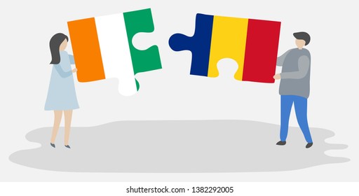 Couple holding two puzzles pieces with Ivorian and Romanian flags. Ivory Coast and Romania national symbols together.