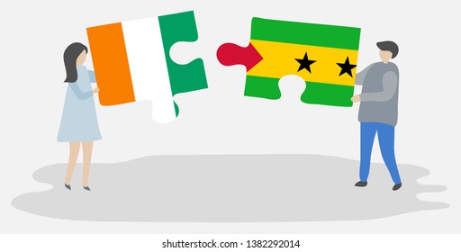 Couple holding two puzzles pieces with Ivorian and Sao Tomean flags. Ivory Coast and Sao Tome and Principe national symbols together.