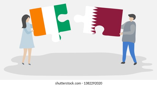 Couple holding two puzzles pieces with Ivorian and Qatari flags. Ivory Coast and Qatar national symbols together.