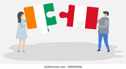Couple holding two puzzles pieces with Ivorian and Peruvian flags. Ivory Coast and Peru national symbols together.