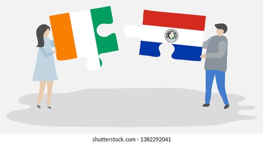 Couple holding two puzzles pieces with Ivorian and Paraguayan flags. Ivory Coast and Paraguay national symbols together.