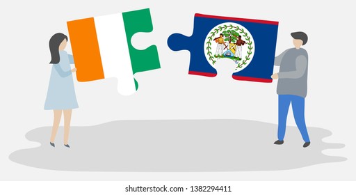 Couple holding two puzzles pieces with Ivorian and Belizean flags. Ivory Coast and Belize national symbols together.