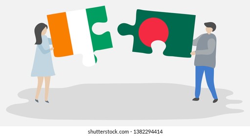Couple holding two puzzles pieces with Ivorian and Bangladeshi flags. Ivory Coast and Bangladesh national symbols together.