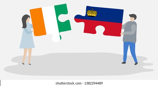 Couple holding two puzzles pieces with Ivorian and Liechtenstein flags. Ivory Coast and Liechtenstein national symbols together.