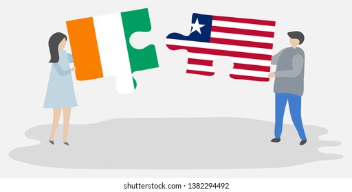 Couple holding two puzzles pieces with Ivorian and Liberian flags. Ivory Coast and Liberia national symbols together.
