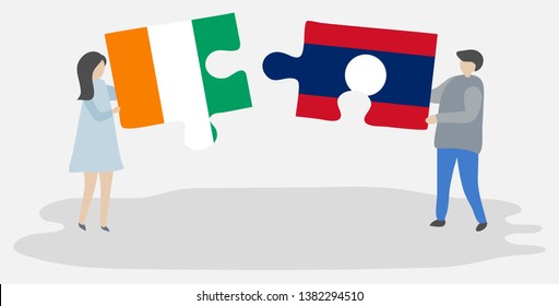 Couple holding two puzzles pieces with Ivorian and Lao flags. Ivory Coast and Laos national symbols together.
