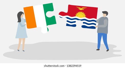 Couple holding two puzzles pieces with Ivorian and I-Kiribati flags. Ivory Coast and Kiribati national symbols together.