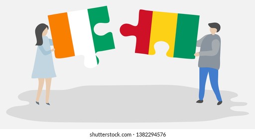 Couple holding two puzzles pieces with Ivorian and Guinean flags. Ivory Coast and Guinea national symbols together.