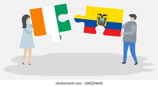 Couple holding two puzzles pieces with Ivorian and Ecuadorian flags. Ivory Coast and Ecuador national symbols together.