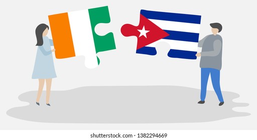 Couple holding two puzzles pieces with Ivorian and Cuban flags. Ivory Coast and Cuba national symbols together.