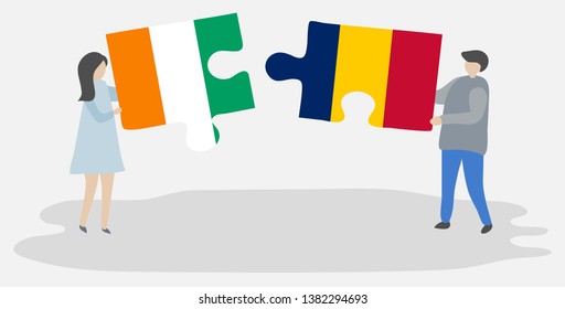 Couple holding two puzzles pieces with Ivorian and Chadian flags. Ivory Coast and Chad national symbols together.