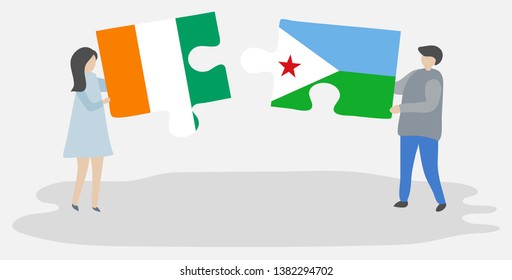 Couple holding two puzzles pieces with Ivorian and Djiboutian flags. Ivory Coast and Djibouti national symbols together.