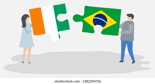 Couple holding two puzzles pieces with Ivorian and Brazilian flags. Ivory Coast and Brazil national symbols together.