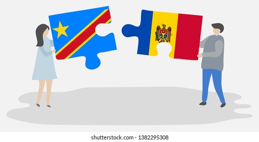 Couple holding two puzzles pieces with Congolese and Moldovan flags. Democratic Republic of the Congo and Moldova national symbols together.