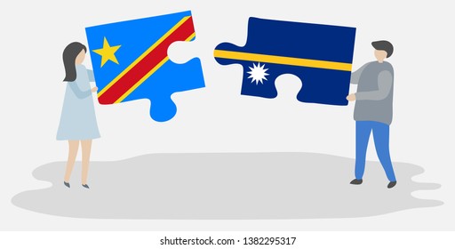 Couple holding two puzzles pieces with Congolese and Nauruan flags. Democratic Republic of the Congo and Nauru national symbols together.