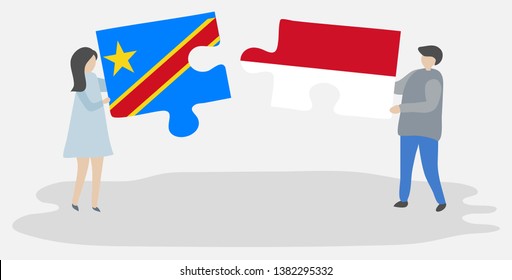 Couple holding two puzzles pieces with Congolese and Monegasque flags. Democratic Republic of the Congo and Monaco national symbols together.