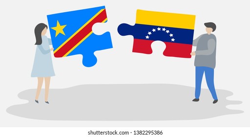 Couple holding two puzzles pieces with Congolese and Venezuelan flags. Democratic Republic of the Congo and Venezuela national symbols together.