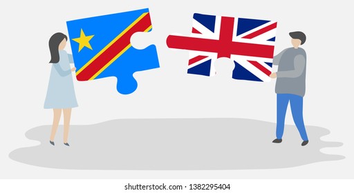 Couple holding two puzzles pieces with Congolese and British flags. Democratic Republic of the Congo and United Kingdom national symbols together.