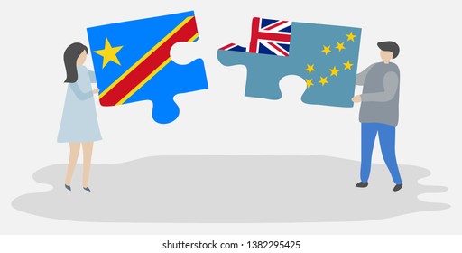 Couple holding two puzzles pieces with Congolese and Tuvaluan flags. Democratic Republic of the Congo and Tuvalu national symbols together.