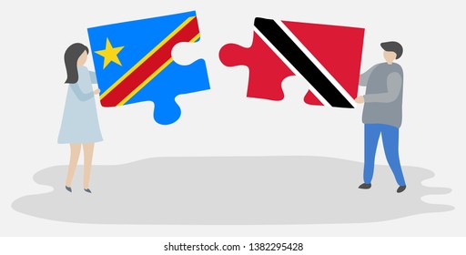 Couple holding two puzzles pieces with Congolese and Trinidadian flags. Democratic Republic of the Congo and Trinidad and Tobago national symbols together.