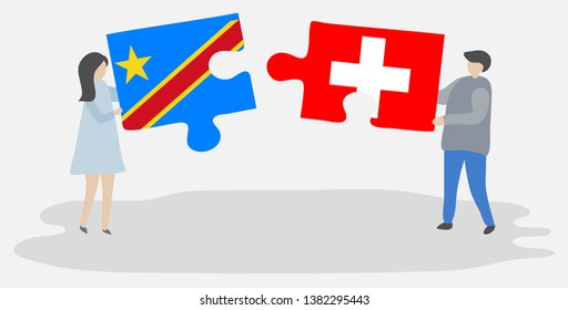 Couple holding two puzzles pieces with Congolese and Swiss flags. Democratic Republic of the Congo and Switzerland national symbols together.