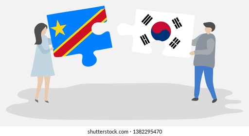 Couple holding two puzzles pieces with Congolese and South Korean flags. Democratic Republic of the Congo and South Korea national symbols together.