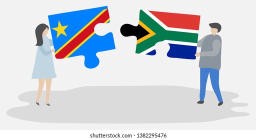 Couple holding two puzzles pieces with Congolese and South African flags. Democratic Republic of the Congo and South Africa national symbols together.