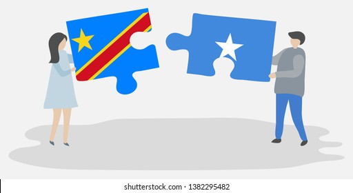 Couple holding two puzzles pieces with Congolese and Somali flags. Democratic Republic of the Congo and Somalia national symbols together.