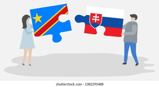 Couple holding two puzzles pieces with Congolese and Slovak flags. Democratic Republic of the Congo and Slovakia national symbols together.