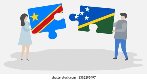 Couple holding two puzzles pieces with Congolese and Solomon Island flags. Democratic Republic of the Congo and Solomon Islands national symbols together.