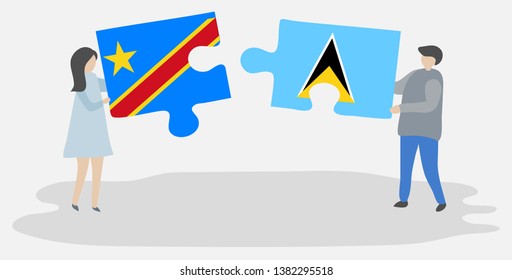 Couple holding two puzzles pieces with Congolese and Saint Lucian flags. Democratic Republic of the Congo and Saint Lucia national symbols together.