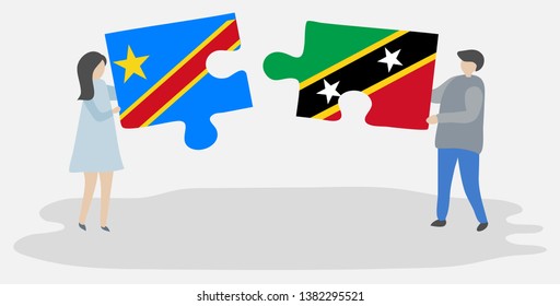 Couple holding two puzzles pieces with Congolese and Kittitian flags. Democratic Republic of the Congo and Saint Kitts and Nevis national symbols together.