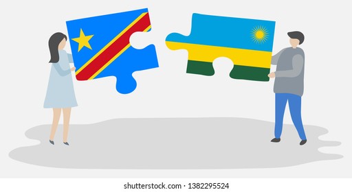 Couple holding two puzzles pieces with Congolese and Rwandan flags. Democratic Republic of the Congo and Rwanda national symbols together.