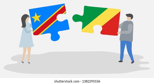 Couple holding two puzzles pieces with Congolese and Congolese flags. Democratic Republic of the Congo and Republic of the Congo national symbols together.